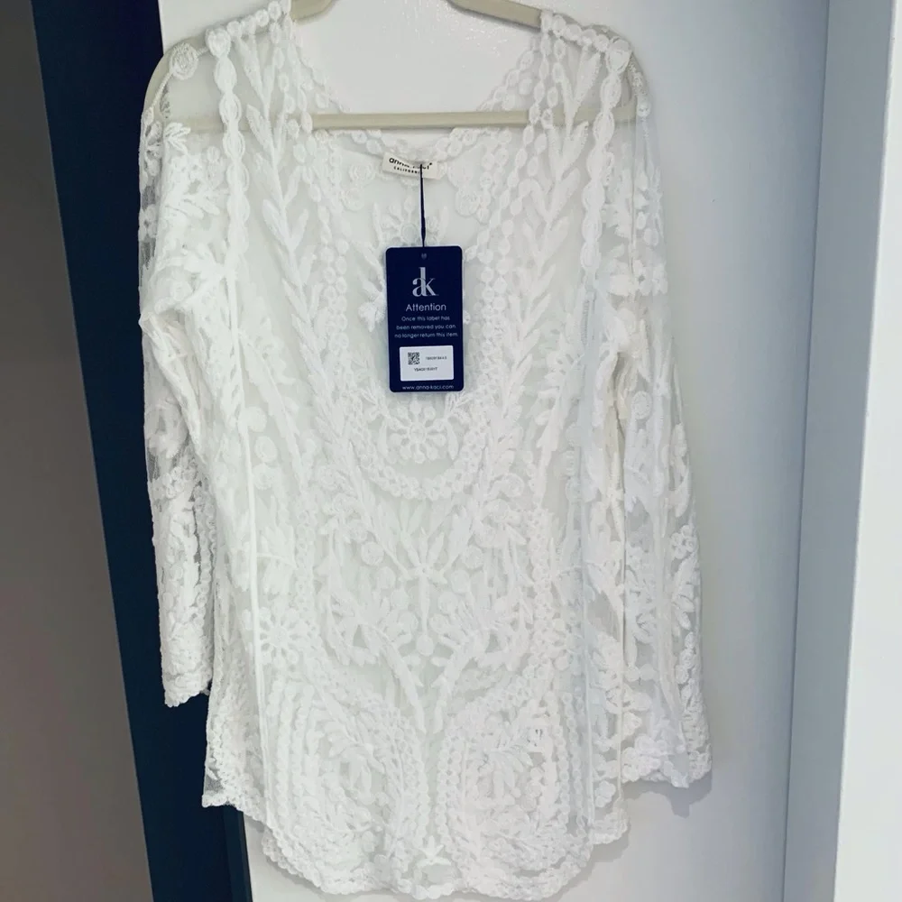 Anna-Kaci Floral Embroidered Lace Mini Dress Cover Up Ivory One Size - Picture 2 of 7